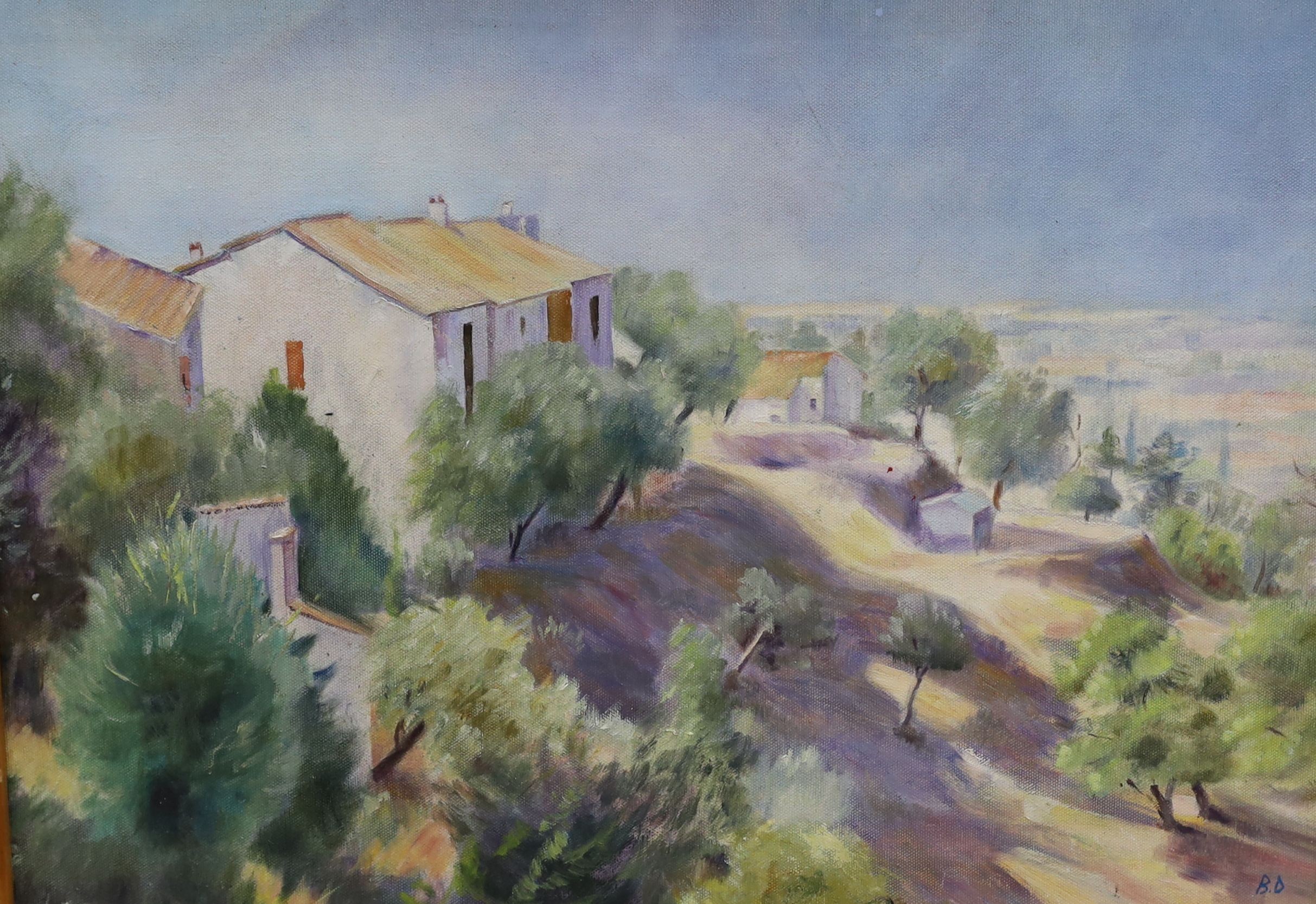 After Bernard Dunstan, oil on board, Mediterranean landscape, initialled, 40 x 54cm